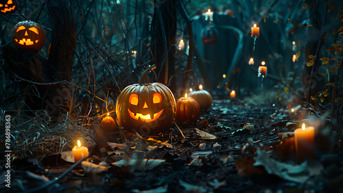 Halloween pumpkin with candles on dark forest background. Halloween concept. © Ju Wan Yoo
