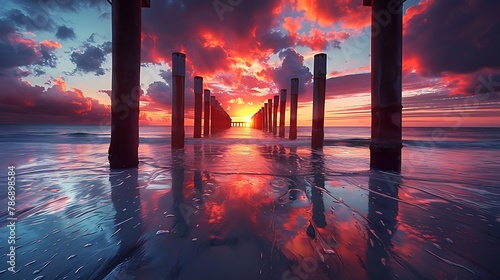 Sunset or sunrise landscape panorama of beautiful nature beach with colorful red orange and purple clouds reflected in the ocean water and columns of an old pier. Taken in Naples Florida USA.   photo