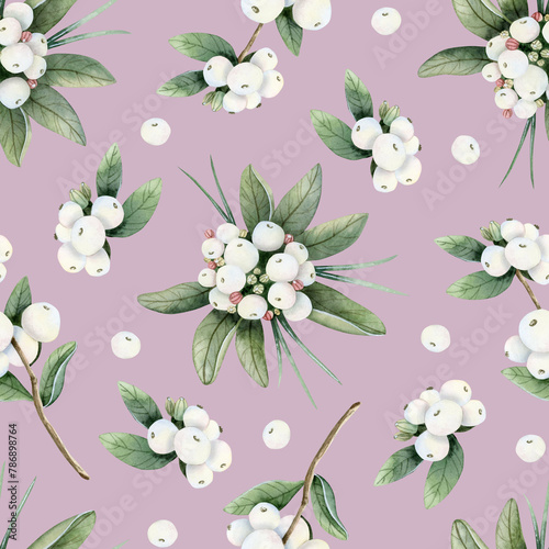 Stylish white berries on dust pink watercolor seamless pattern. Hand drawn snowberry branches with green leaves, Botanical Christmas plant for floral winter designs and holidays greeting cards © Elena Malgina