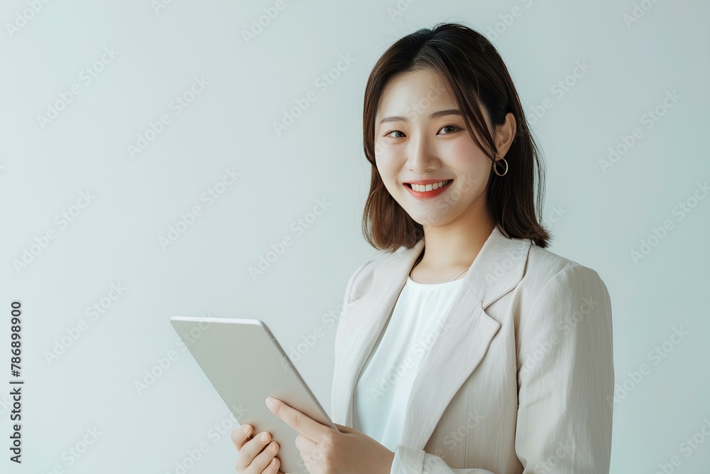 smiling korean businesswoman using digital tablet while standing over white background with copy space. generative AI smiling korean businesswoman using digital tablet while standing over white background with copy space. generative AI