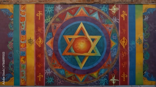 a colorful mural with the crescent  cross  Om  and Star of David harmoniously entwined to represent the peaceful coexistence of many religions. a unity mural. Expression of art