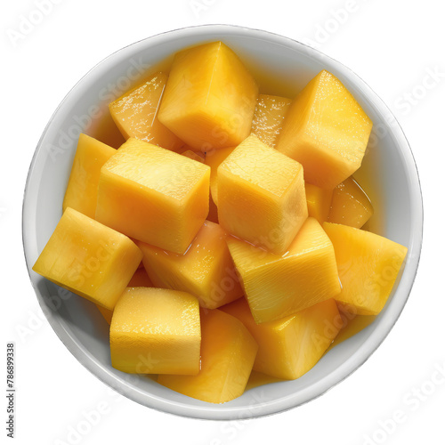Mango cubes in bowl isolated on white background