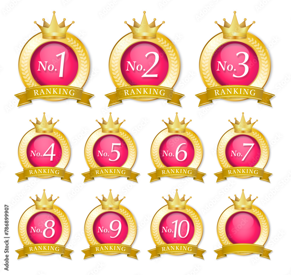 ピンクと金のランキングメダル　王冠　リボン　ラベル