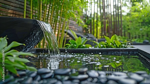 serene water garden including a bamboo water fountain. © Sawitree88