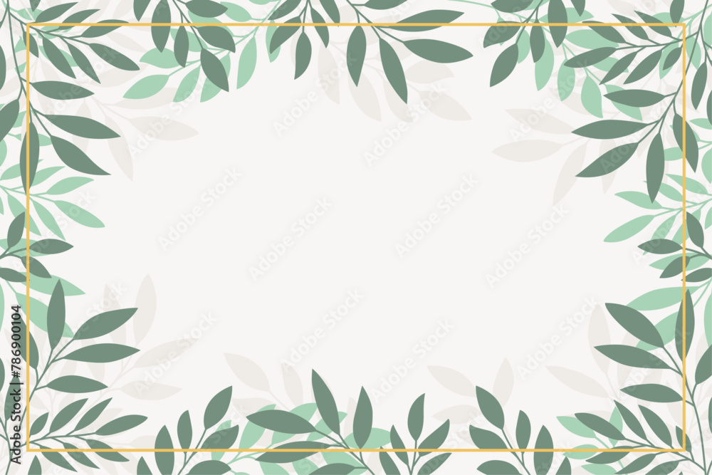Frame of leaves and branches with a golden border in vector, flat style.