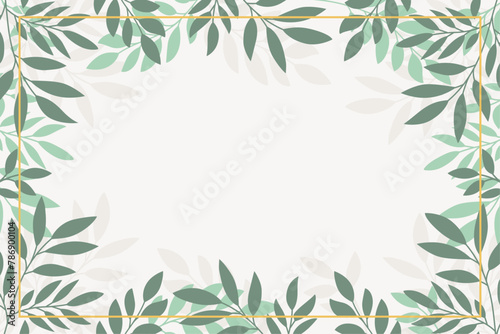 Frame of leaves and branches with a golden border in vector  flat style.