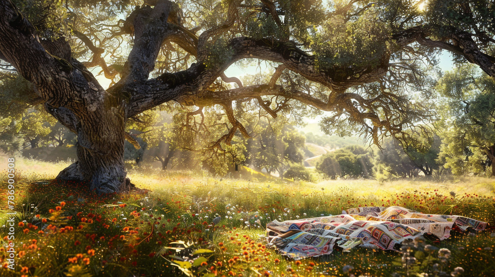 An idyllic picnic scene in a sunlit meadow, with a colorful patchwork quilt spread out under the shade of a towering oak tree, inviting picnickers to unwind and savor the moment.