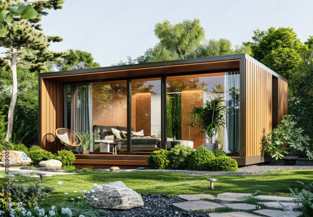 Modern tiny house, beautiful exterior, scenic view, created with AI