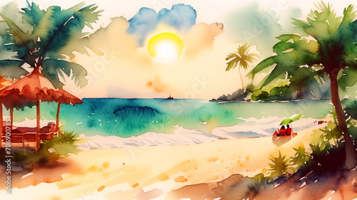 Resort beach at sunset.
watercolour-style illustration.
AI generated.
