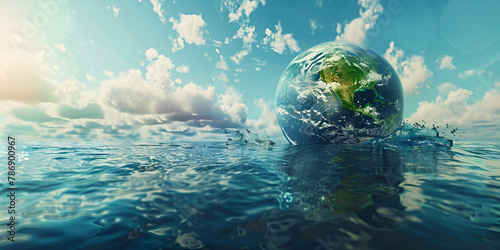 Water, planet and climate change with the earth in a puddle as a symbol of global warming or temperature Planet earth is submerged in the ocean