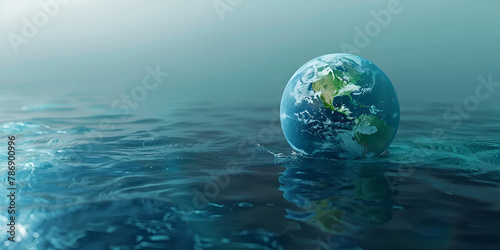 Water, planet and climate change with the earth in a puddle as a symbol of global warming or temperature Planet earth is submerged in the ocean