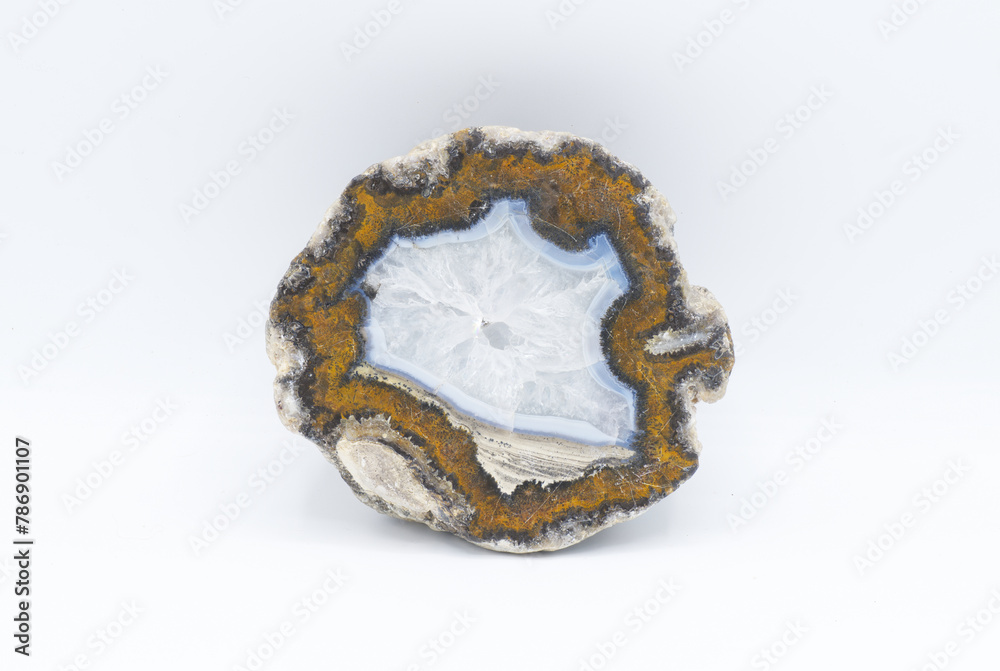 Las Choyas Coconut Geode, Chihuahua Mexico with quartz crystal in the center, polished and finished isolated on white background Las Choyas Coconut Geode, Chihuahua Mexico with quartz crystal in the center, polished and finished isolated on white background