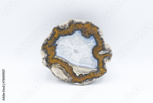 Las Choyas Coconut Geode, Chihuahua Mexico with quartz crystal in the center, polished and finished isolated on white background photo