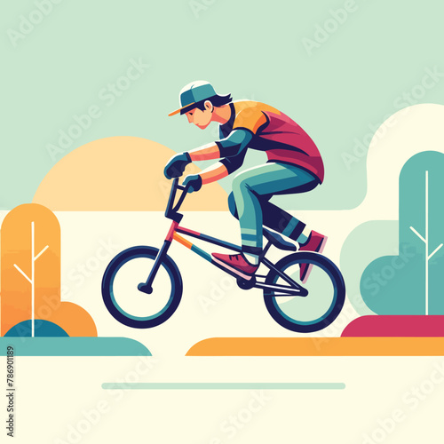 illustration of a man doing aerial trick on a bicycle