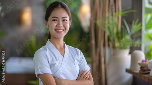 Young beautiful woman asian masseuse on spa background