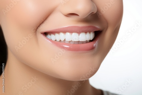 Close-up of a womans beaming smile revealing perfectly white teeth