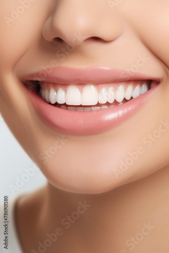 Close up of a woman brushing her teeth with a toothbrush in her mouth