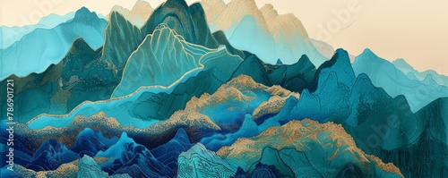 Abstract mountains. Aesthetic watercolor Chinese golden mountain with pavilions background wallpaper. illustration for prints wall arts and canvas. photo