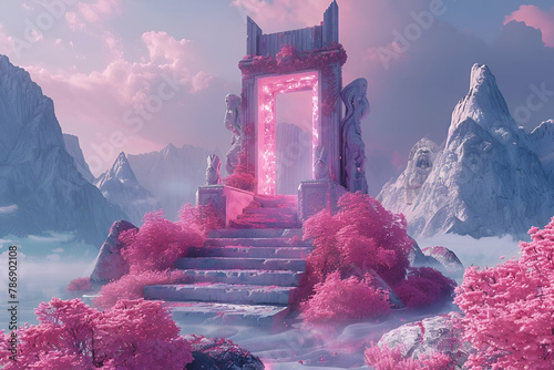 The throne of the goodness stands in the centre of the picture, Simple structure, without humans, dreamy, pink colour, 8K