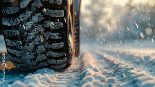 tire with treads with patterns of large hearts rolling on a snowy road photo