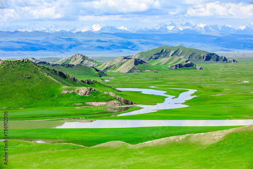Fototapeta Naklejka Na Ścianę i Meble -  Curved river and green grassland natural landscape in Xinjiang, China. Beautiful grassland natural landscape in summer.