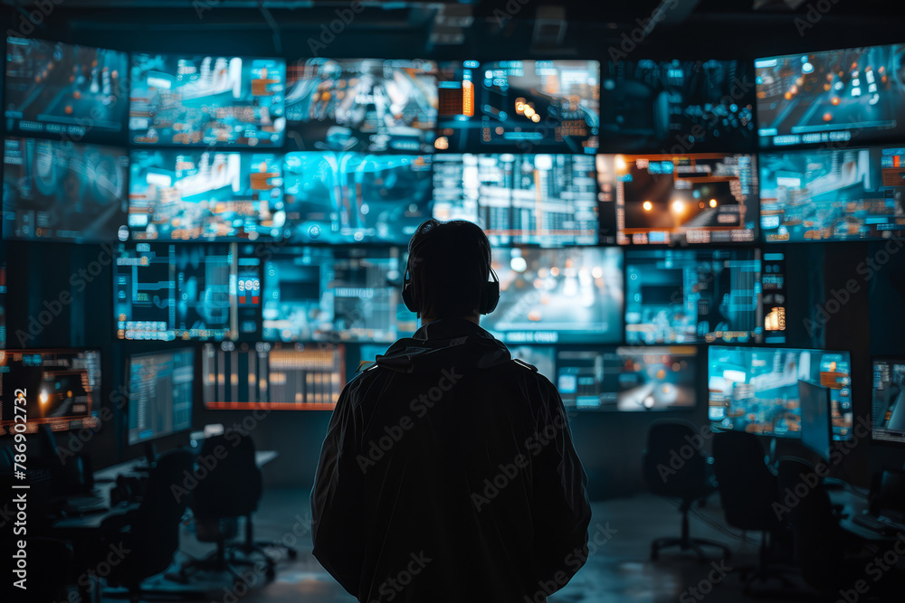 Back view of an individual overseeing an array of surveillance screens, reflecting the sophisticated technology used in modern security operations.. Back view of an individual overseeing an array of surveillance screens, reflecting the sophisticated technology used in modern security operations..