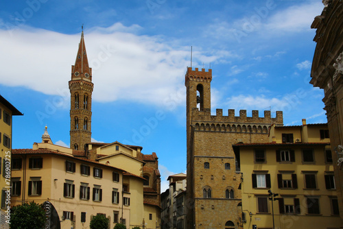 View of the Palazzo del Bargello and the tower of Badia Fiorentina in Florence, Tuscany, Italy
