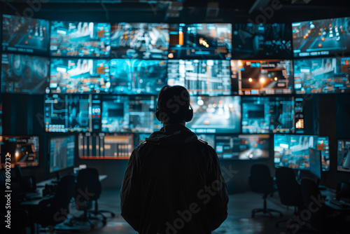 Back view of an individual overseeing an array of surveillance screens, reflecting the sophisticated technology used in modern security operations..