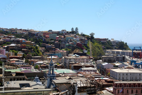 View over the city of Valparaiso a port city in Chile, which lies on a bay of the Pacific Ocean that is open to the north
