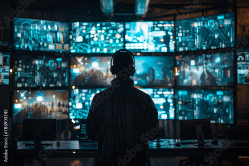Back view of an individual overseeing an array of surveillance screens, reflecting the sophisticated technology used in modern security operations..