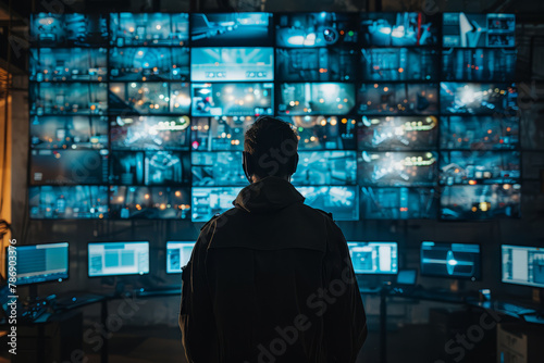 Back view of an individual overseeing an array of surveillance screens, reflecting the sophisticated technology used in modern security operations..