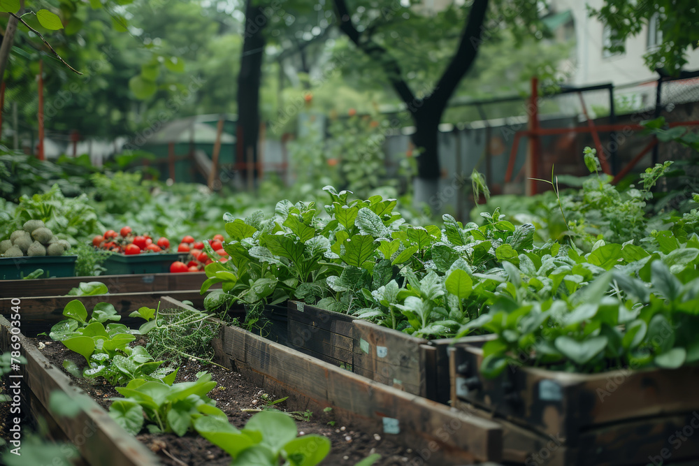 An urban community garden flourishes with an array of raised vegetable beds, offering a green oasis in the heart of the city.. An urban community garden flourishes with an array of raised vegetable beds, offering a green oasis in the heart of the city..