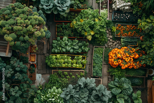 An urban community garden flourishes with an array of raised vegetable beds, offering a green oasis in the heart of the city..