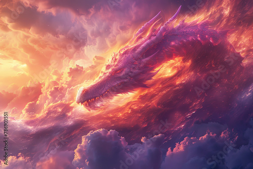 A digital artwork of a magnificent dragon flying amidst vibrant, fiery clouds at sunset, evoking fantasy and adventure..