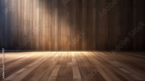 Minimal interior design background with sunlit wood laminate floor and shadow on dark wooden wall panel ing (1)