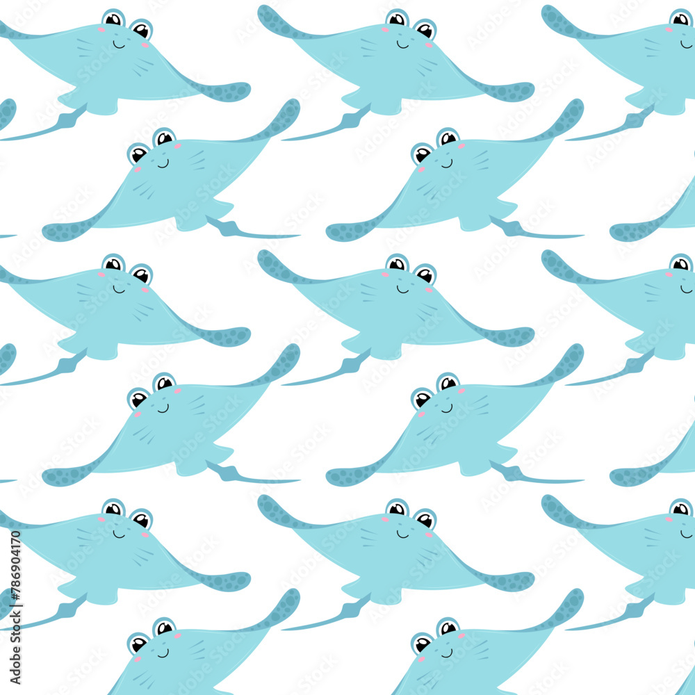 Stingray in flat style. Pattern with cute stingray. Undersea world. Seamless pattern for textile, wrapping paper, background. Stingray in flat style. Pattern with cute stingray. Undersea world. Seamless pattern for textile, wrapping paper, background.