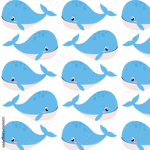 Whale in flat style. Pattern with a cute blue whale. Undersea world. Pattern for textile, wrapping paper, background.
