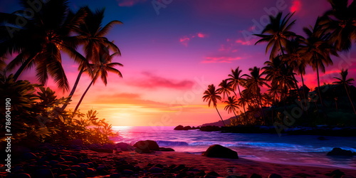 transition from day to night in neon-touched tropics, where the setting sun meets the neon lights in a dazzling display of colors.