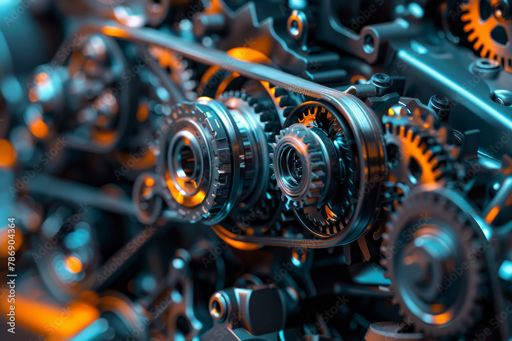 Fototapeta premium Detailed view of interconnected gears and machinery parts, illustrating industrial complexity and mechanical engineering..