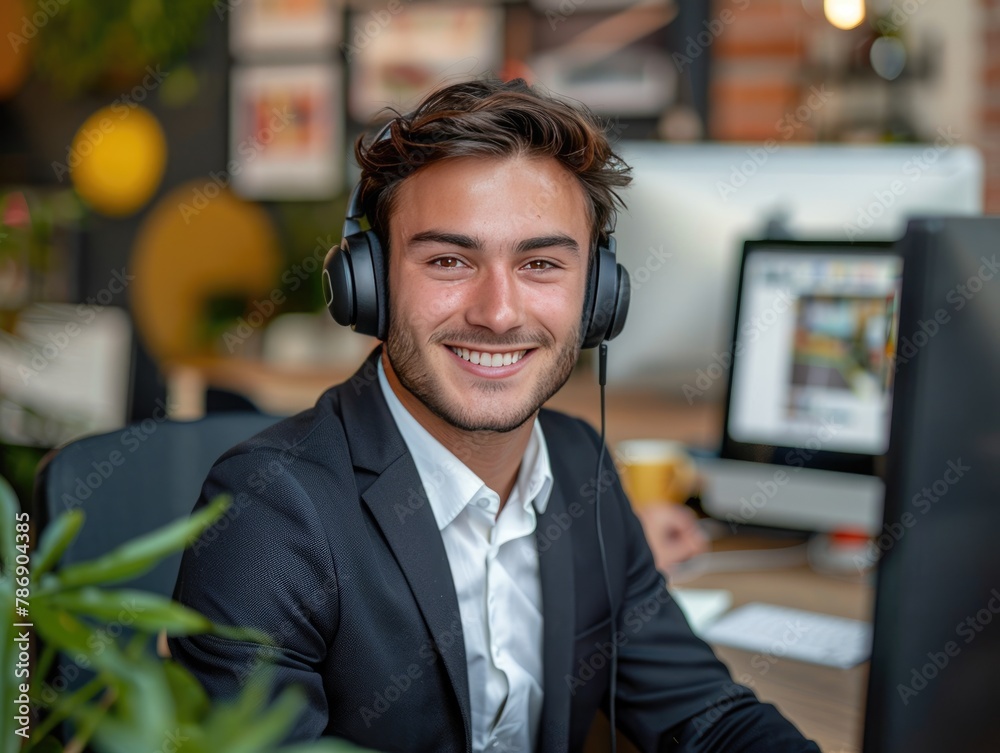 A young man with earphones in the office.