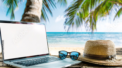 laptop with a clear white screen on a rustic wooden surface in a tropical beach setting 