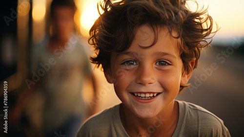 A young boy with curly hair smiles warmly at the camera