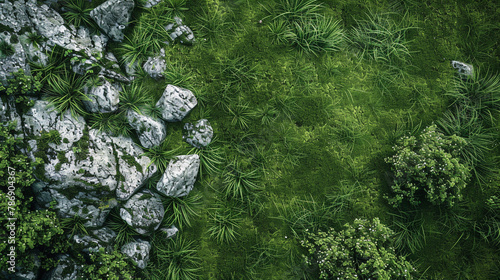 Behold a captivating top view of a harmonious blend of grass and stones, captured by an HD camera. The combination creates a visually stunning landscape, with intricate details and textures. © maaz