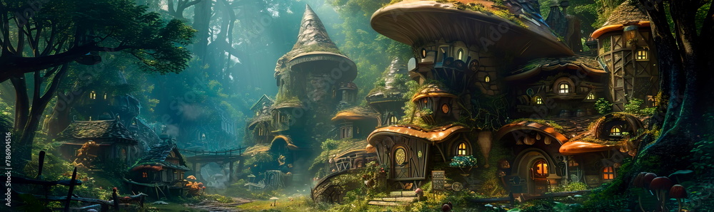 background depicting a charming village of mushroom houses, - obrazy, fototapety, plakaty 