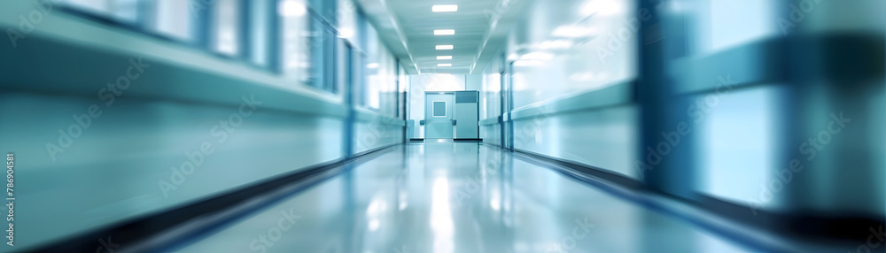 Photography of Blurred Modern Hospital Corridor Background with Abstract Blurred Clinic Hallway Interior and Entrance of Medical Emergency Room