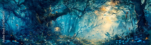 magical watercolor landscape of a fairy-tale night, a forest clearing flooded with moonlight