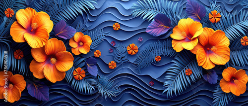 a many orange flowers on a blue background with leaves photo