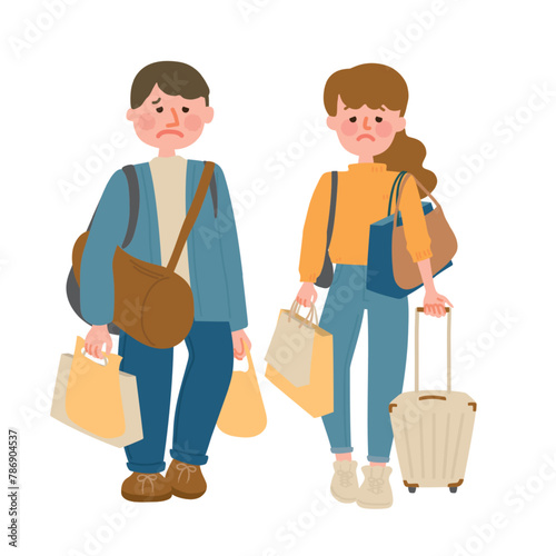 旅先でたくさん荷物を持つカップル