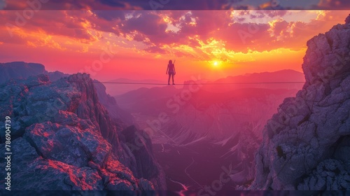 A dramatic sunset backdrop as a tightrope walker balances between rocky peaks, embodying the solitude of leadership