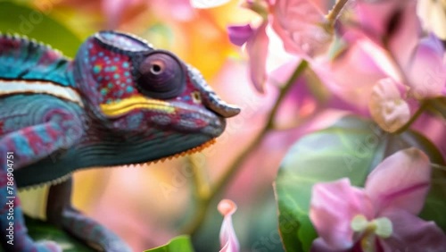Amidst a colorful array of plants, a chameleon with vibrant blue and green patterns perches, blending into the surrounding leaves and flowers by altering its skin color.  photo